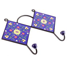 Navy Blue And Yellow Wheel Flower Ceramic Tiles Hooks