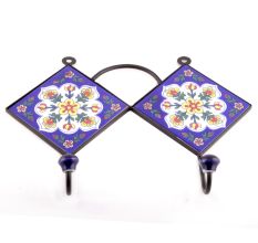 Navy Blue And White Floral CeramicTiles Hooks