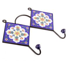 Navy Blue And White Floral CeramicTiles Hooks