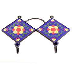  Navy Blue And Yellow Ceramic Floral Tiles Hooks
