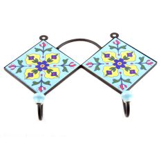 Turquoise And Navy Blue Tiny Flower Tiles Hooks