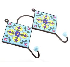 Turquoise And Navy Blue Tiny Flower Tiles Hooks