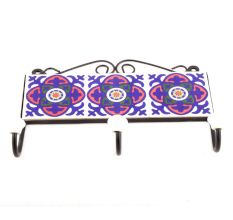 White And Navy Blue Floral Tiles Hooks
