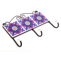 White And Navy Blue Floral Tiles Hooks