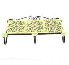 Yellow And Forest Green Floral Tiles Hooks