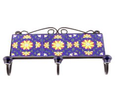 Navy Blue Yellow Sunflower Ceramic Tiles Hooks