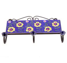 Navy Blue Yellow Ceramic Floral Tiles Hooks