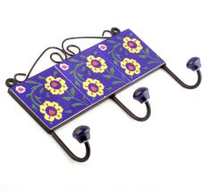 Navy Blue Yellow Ceramic Floral Tiles Hooks