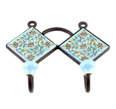 Turquoise And Navy Blue Flower Ceramic Tiles Hooks