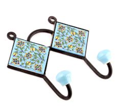 Turquoise And Navy Blue Flower Ceramic Tiles Hooks