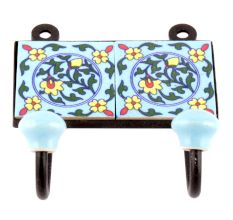 Turquoise Forest Green Floral Tiles Hooks