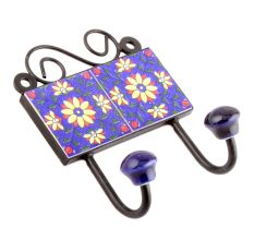 Navy Blue Yellow Sunflower Ceramic Tiles Hooks