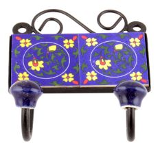 Navy Blue Forest Green Leaf Floral Ceramic Tiles Hooks