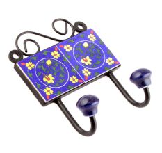 Navy Blue Forest Green Leaf Floral Ceramic Tiles Hooks