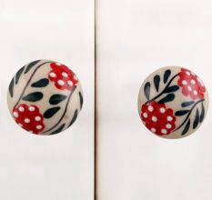 Red Dotted Floral Leafy Ceramic Bulb Knob
