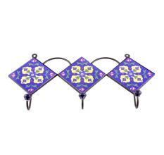 Navy Blue Triangle Ceramic Floral Tiles Hooks