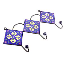 Navy Blue Triangle Ceramic Floral Tiles Hooks