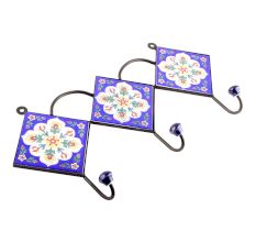 Navy Blue Leaf Floral Ceramic Tiles Hooks