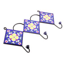 Navy Blue And Yellow Ceramic Floral Tiles Hooks