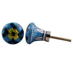Long Blue Floral Bulb Ceramic Pull Knob