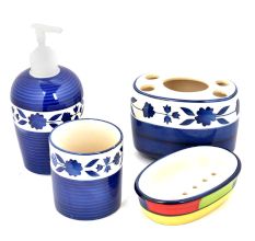 Blue Floral Border Ceramic Handpainted Bathroom Set of 4