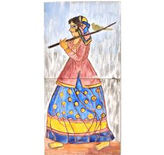 Hand Painted Ceramic tile of a Village Girl carryng a Bird 