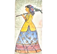 Hand Painted Ceramic tile of a Village Girl carrying a Bird 