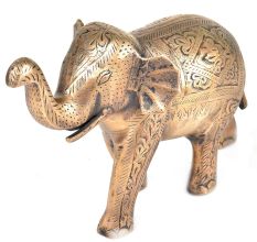 Brass Floral Engraved Elephant Raised Trunk Statue