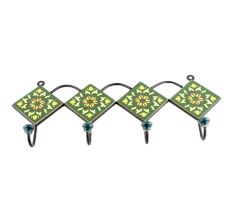Forest Green Ceramic Floral Tiles Hooks