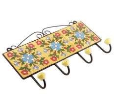 Mustard And Turquoise Tiny Flower Ceramic Tiles Hooks