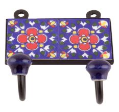 Navy Blue And Red Ceramic Floral Tiles Hooks