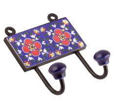 Navy Blue And Red Ceramic Floral Tiles Hooks