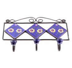 Navy Blue And Yellow Ceramic Floral Tiles Hooks