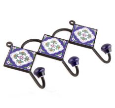 Navy Blue And White Ceramic Floral Tiles Hooks