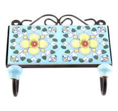 Turquoise And White Tiny Flower Ceramic Tiles Hooks