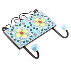 Turquoise And White Tiny Flower Ceramic Tiles Hooks
