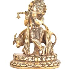 Brass Statue Of Lord Krishna Playing Flute With Cow