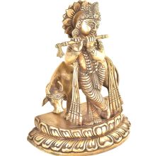 Brass Statue Of Lord Krishna Playing Flute With Cow