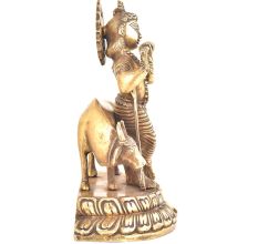 Brass Statue Of Lord Krishna Playing Flute With Cow