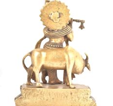 Brass Statue Of Lord Krishna Playing Flute With Cow