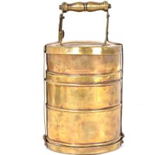 Brass Three Compartment Lunch Box With A Decorative Handle 