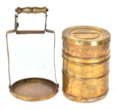 Brass Three Compartment Lunch Box With A Decorative Handle 