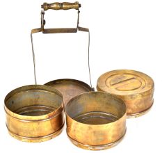 Brass Three Compartment Lunch Box With A Decorative Handle 