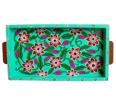 Green Color Floral Design Hand Made Painting Tray