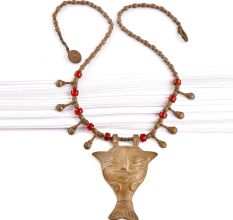 Brass Mask Pendant on Brass Red Bead Necklace