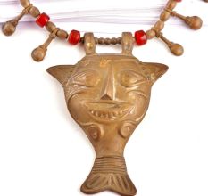 Brass Mask Pendant on Brass Red Bead Necklace