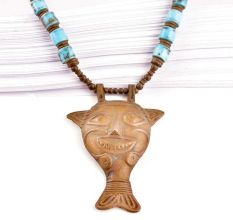 Tribal Brass Mask with Blue Beads Necklace