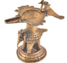 Brass Oil Lamp With peacock and Elephant Figurine