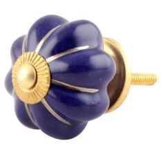 Navy Blue With Silver Line Medium Ceramic Melon Knob