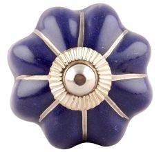 Navy Blue With Silver Line Medium Ceramic Melon Knob